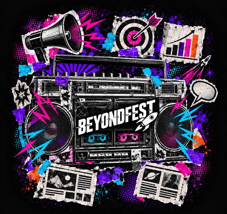 Punk collage of a boombox surrounded by megaphones and halftone shapes, branded BeyondFest