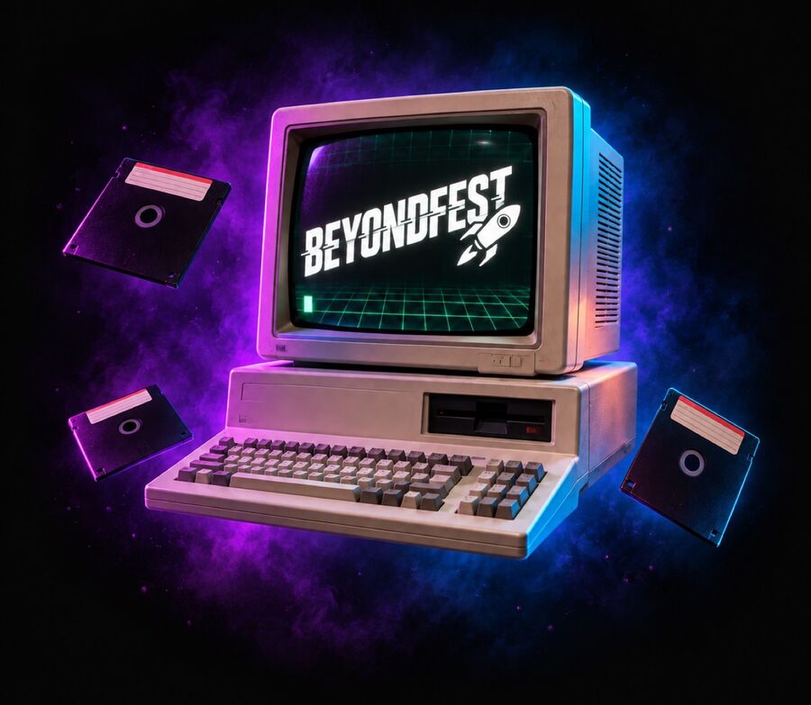 Retro beige computer with BeyondFest on a green CRT screen, floppy disks floating around it