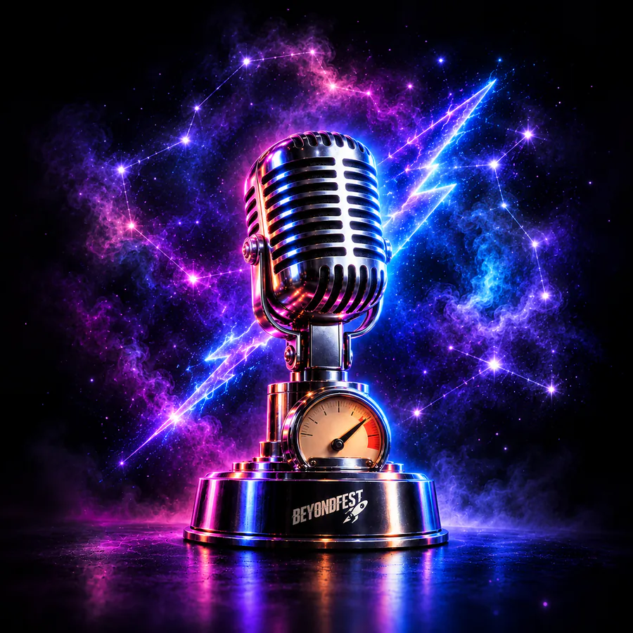 Chrome vintage microphone on a BeyondFest plinth, lightning cracking across a purple nebula behind it