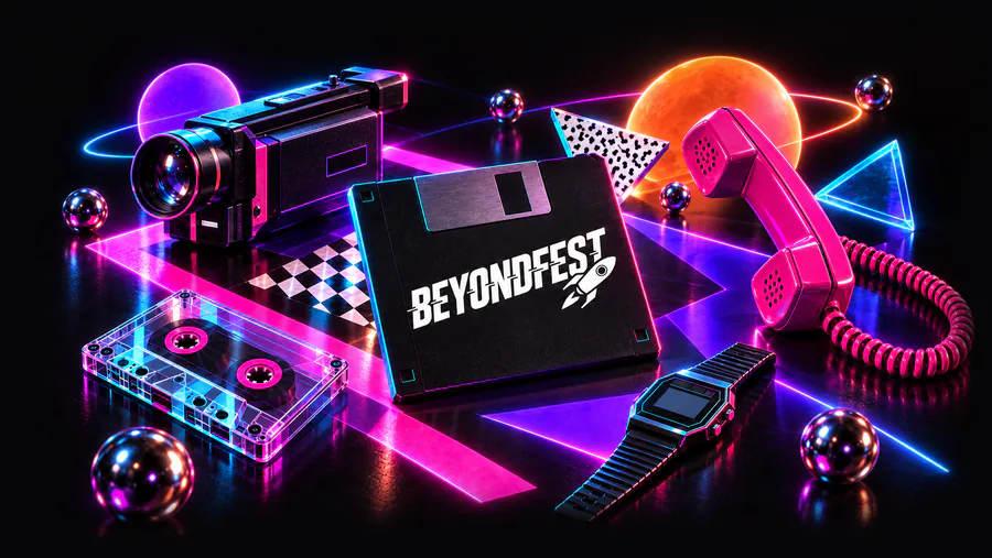Neon eighties still life: camcorder, cassette, digital watch and pink telephone around a floppy disk branded BeyondFest