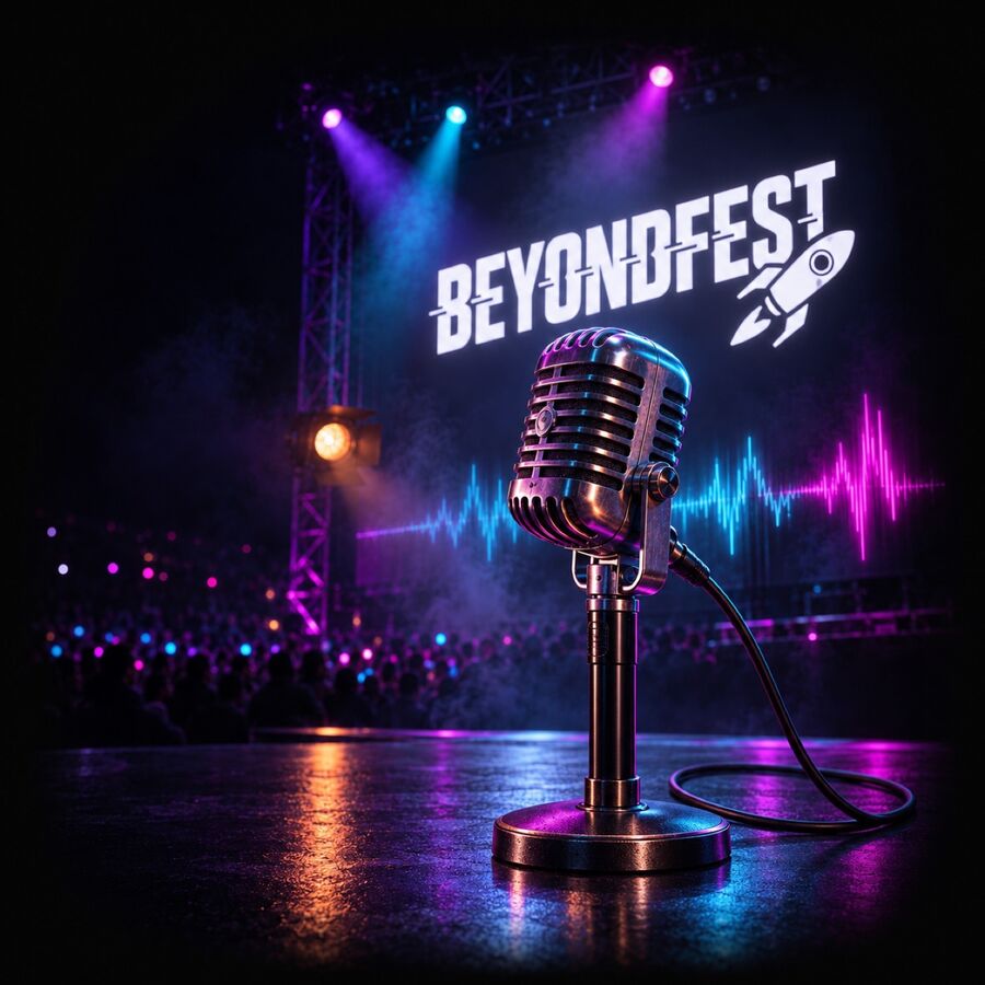 Vintage stage microphone lit magenta in front of a BeyondFest backdrop