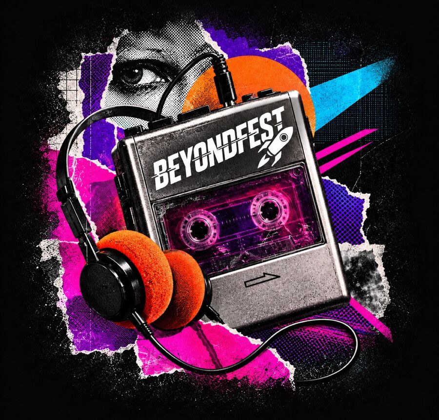 Retro collage of a cassette walkman and orange headphones branded BeyondFest